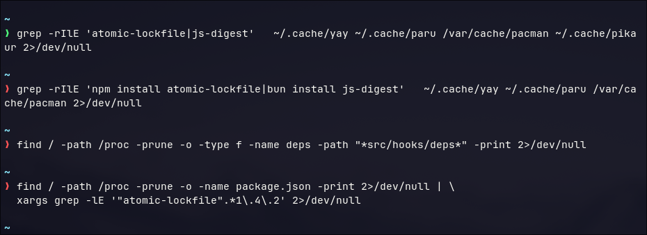 Triage commands returning empty — no package references on this host