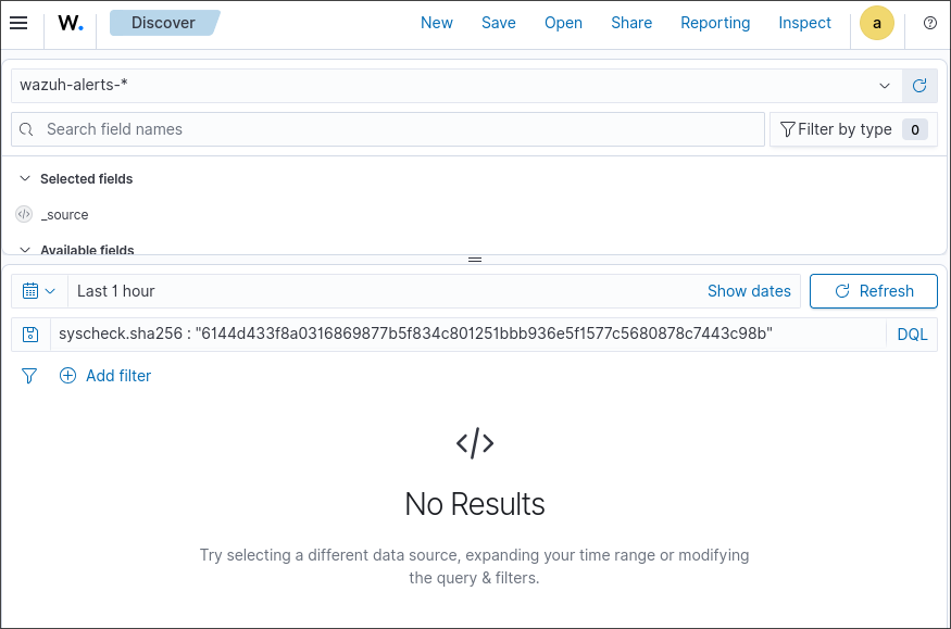 Wazuh Discover running the payload SHA-256 query across <code>wazuh-alerts-*</code> — zero hits. The real hunt: search for the actual IOC hash and confirm it never touched the host.