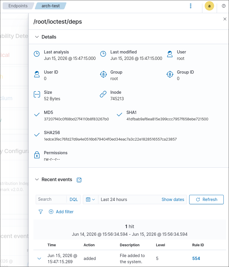 What a hit would render as: FIM catching a file in a monitored directory, rule 554, with the full SHA-256 indexed and searchable. Here it&rsquo;s a benign test file — but a real payload drop would surface exactly like this, ready to match the IOC query above.